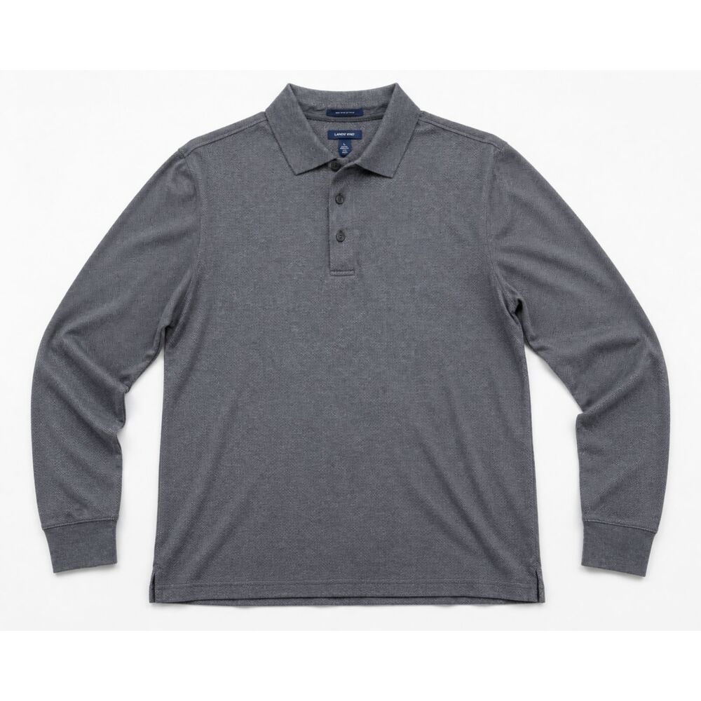 Lands' End Supima Cotton Polo Shirt Men's Large Gray Herringbone Long‎ Sleeve L